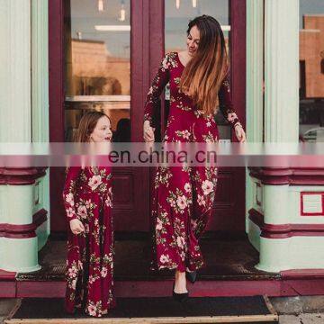 Mother daughter dresses Wine Floral Long Vestidos Mother and daughter clothes Mom and daughter dress Family matching clothes