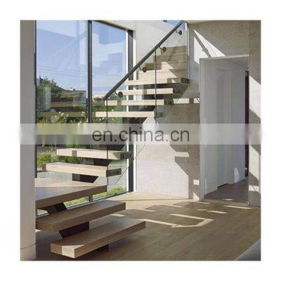 Custom indoor wood/steel straight staircases with tempered glass railing