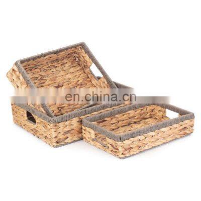 Wicker Woven Water Hyacinth Serving tray mixed Seagrass boder Storage basket Set Of 3