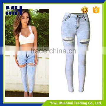 Big yards of Europe and American high waist snowflakes hole sexy female jeans trousers