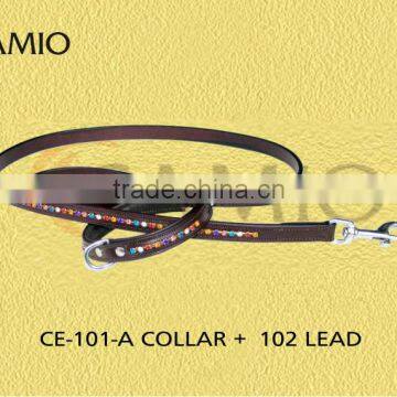 CE 101 A + 102 Leather Dog collar and lead with diamonds