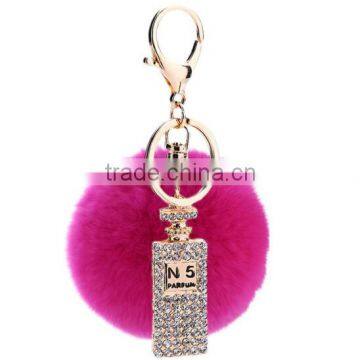 Hot selling rabbit hair fox fur ball keychain with rhinestone charms
