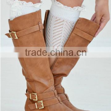 Autumn & Winter Girls Cotton Knitted Hollow Lace Legwarmers Ruffled Lace Trim Button Up Legwarmer