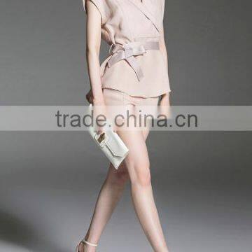 Two-piece-outfits Latest Fashion Design Women Clothing Apricot V Neck Top With Pockets Shorts photo-4