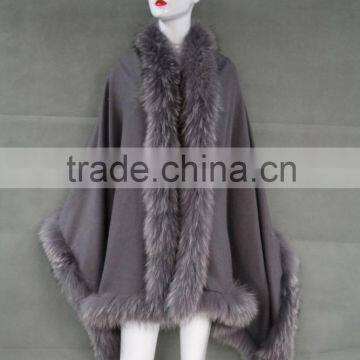 Hot Selling Women Grey Winter Wool Knit With Natural Raccoon Fur Trim Scarf