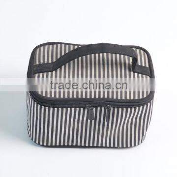 polyester toiletry organizer bag white strips print travel cosmetic bag with mirror inside