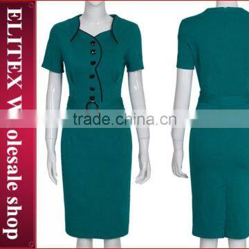 2015 green collar with belt office lady fashion girls short frocks dress