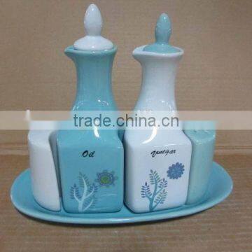 5pcs of Blue White Ceramic Kitchen Oil And Vinegar Bottle Salt And Pepper Set