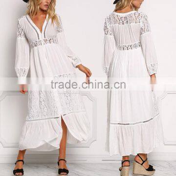 Off White Lace Trim Button Down Maxi Dress Long Frock Design HSd5221