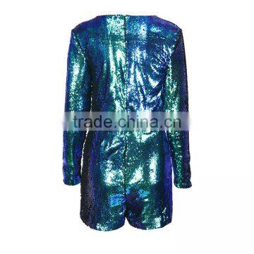 HAODUOYI Blue Sequin Plunge Neck Long Sleeve Evening Party Bodysuit for Wholesale With Low Price photo-3