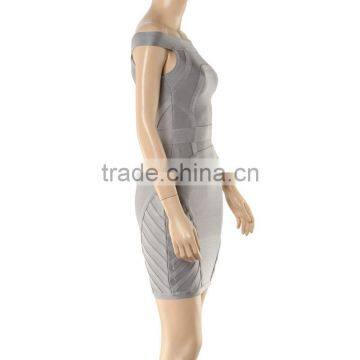 Grey Off The Shoulder Slash Neck Sexy Knitted Short HL Bodycon Bandage Dress photo-2
