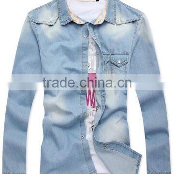 Mens jeans shirt blue new fashion shirt long sleeve slim shirt with snap button