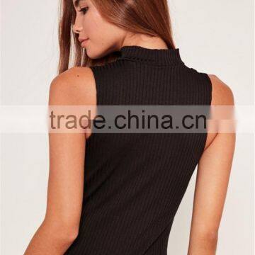 MGOO 2017 Wholesale Zip Up Front Black Bodysuits Ribbed Chocker Neck Fashion Cheap Sleeveless Blouses Custom Design photo-6