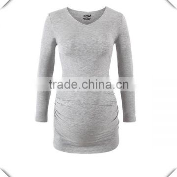 Wholesale Long Sleeve Maternity T-shirt Plain Longline V neck T shirt Pregnancy Clothing Women Maternity Wear