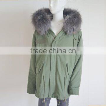 Myfur Customized Army Green Shell Parka Coat With Real Fur Hooded Faux Fur Lining photo-2