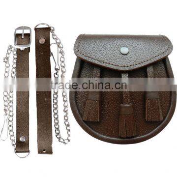 New Scottish Brown Three Tassel Leather Sporran For Kilt With Chain Belt