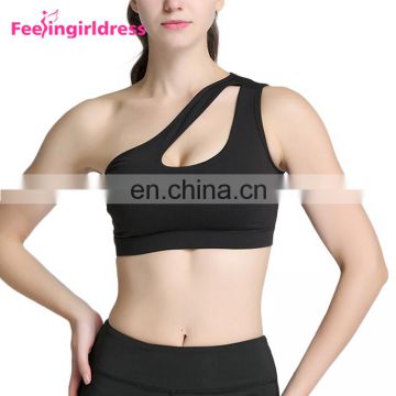 Black One Shoulder Wirefree Running Fashion Women Sport Bra Cup