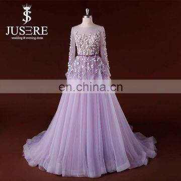 Lilac Embroidery Flowers Appliqued Beaded Romantic Princess Evening Dress Cheap Custom Long Evening Dress 2015 Long Sleeve