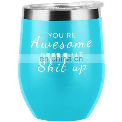 Wholesale Custom Stainless Steel Stemless Glitter 12oz Wine Tumblers with Lid and Straw Vacuum Insulated 12 oz Glass Wine Cups