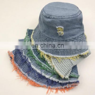 Two Tone Stylish Fashion Outdoor Travel  Distressed Cotton Jeans Bucket Hat For Woman Lady Girls