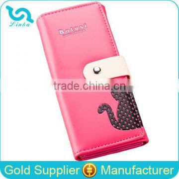 Stock Wholesale Yellow Fuschia Blue Pink Orange Black 7 Colors Available PU Leather Hasp Women Lady Female PU Cat Wallet