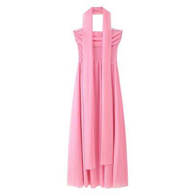 Summer new European and American cross-border foreign trade women's clothing sexy pleated solid color strapless with scarf long skirt