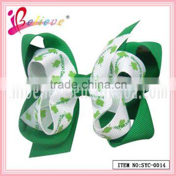 Four leaf clover grosgrain hair accessories festival large ribbon bow hair clip for Ireland (SYC-0014)