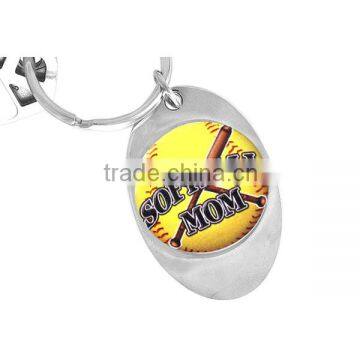 Lead & Nickel Free!! Softball MOM Key Chain Silver Tone Oval That Displays A Softball & Bats Keyring