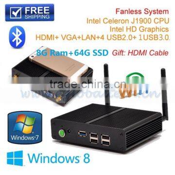 Mini PC Windows Fanless Nettop 8G DDR3L 64G SSD Intel Celeron Dual Core N2810 or N2820 2.0Ghz Home Theater PC