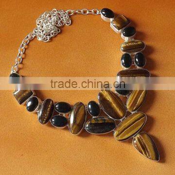 Tiger Eye, Green Onyx Necklace plated 925 Sterling Silver 95 Gms 18-20 Inches