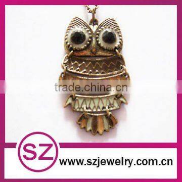 Antique night owl necklace enameled brass pendant necklace