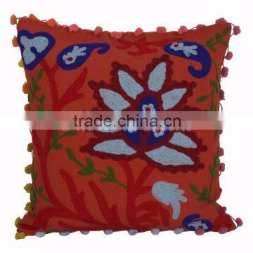 Suzani Embroidered Cushion Cover Boho Throw Indian Pom Pom Pillow Cases 16x16