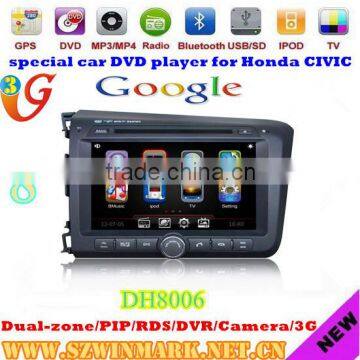 special car DVD player for Honda CIVIC 2012 left 2 din with HD display bluetooth GPS Ipod USB/SD Radio TV Rear camera 3G DH8006