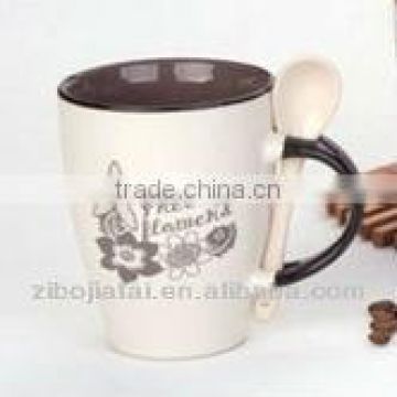 12oz Drum Shape Inner Brown Glazed Stoneware Spoon Mug with Decals