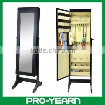 Floor Standing Wooden Furniture Chinese Mirrored Jewelry Cabinet with LED Lights and Golden Flannelette and Classic Design