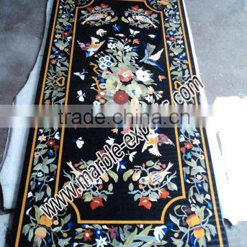 Natural Black Marble Inlaid Coffee Table Tops, Pietre Dure Marble Coffee Table Tops