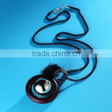 silver ball wood hoop pompon pendant necklace Korea retro long sweater necklace autumn geometric necklace