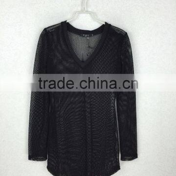 Original Design Lady V-neck Sheer Blouse Long Sleeve Black Mesh Fabric Blouse photo-3