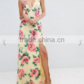 Guangzhou Clothing OEM Floral V Neck Thigh Split Rayon Plunge Strap Back Dress