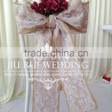 Natural Burlap Hessian Chair Sash Jute Chair Band With Lace at Middle for Rustic Wedding photo-2