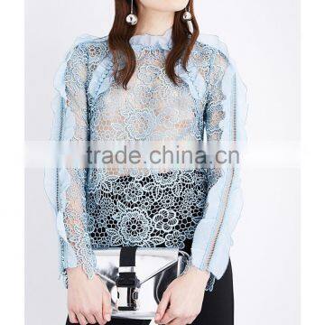 Wholesale High Neck Long Raglan Sleeves Floral Lace Frill-detailed Cutout Lace Top(DQE0188T)