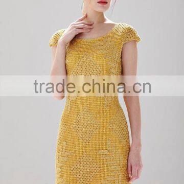 Grid Pattern Design Shinny Gold Metallic Effect Ladies Formal Slim Lace Fashion Dress SR-D9791 photo-5