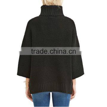Loose 3/4 Sleeve Acrylic Roll Neck Rib-knit Neckline Fancy Sweaters for Women photo-2