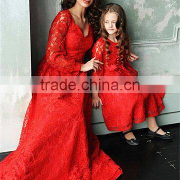 Red Long Sleeve Maxi Dress A Line Mommy And Me Lace Women Baby Party Dress photo-2