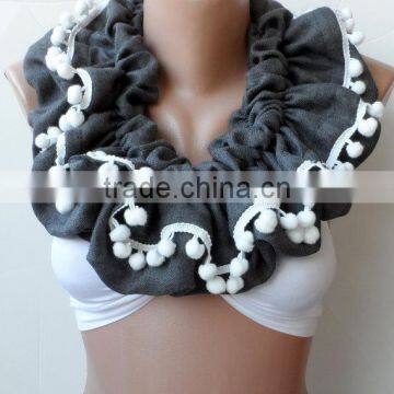 Scarf,Gray Loop Scarf, Ruffle Scarf, Gray Infinity Scarf, Circle, Gray Pashmina,Christmas Scarfs, Pompom Scarf, Fashion,cowl Sca photo-3