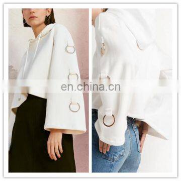 White Long Sleeves Girls Hoodies Crop Sweatshirt Hoodies With Single Arm Ring Detailing (16110703)