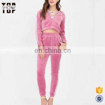 Chinese clothing manufacturer women lace up custom velour tracksuits wholesale