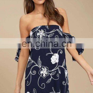 Navy Blue Embroidered off the Shoulder Beautiful Lady One-piece Dress photo-2