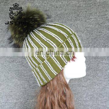 2017 Fashion Beanie New With Pompom For Girl'S Knitted Cap Crochet Hats Real Raccoon Fur Ball Winter Hat