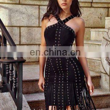 Amigo 2017 New Style Sexy Cross Strap Tassel Bandage Dress Midi Eyelet Beaded Evening Dresses for Women Club Wear photo-2